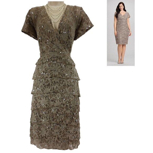 Beige Tan Lace Tiered‎ Dress w/Sequins Size 14 Special Occasion Wedding Party - Picture 1 of 8
